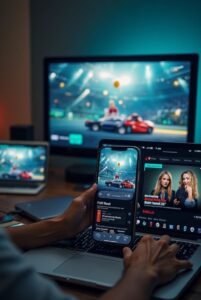 IPTV-Bewertung auf einem Smart-TV mit Live-Sport-Streaming-Oberfläche, Kanälen und Videoplayer